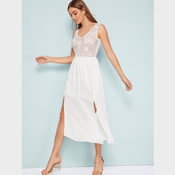 Rouge! Dresses & Skirts - Lace Detail White Midi High Slit Dress